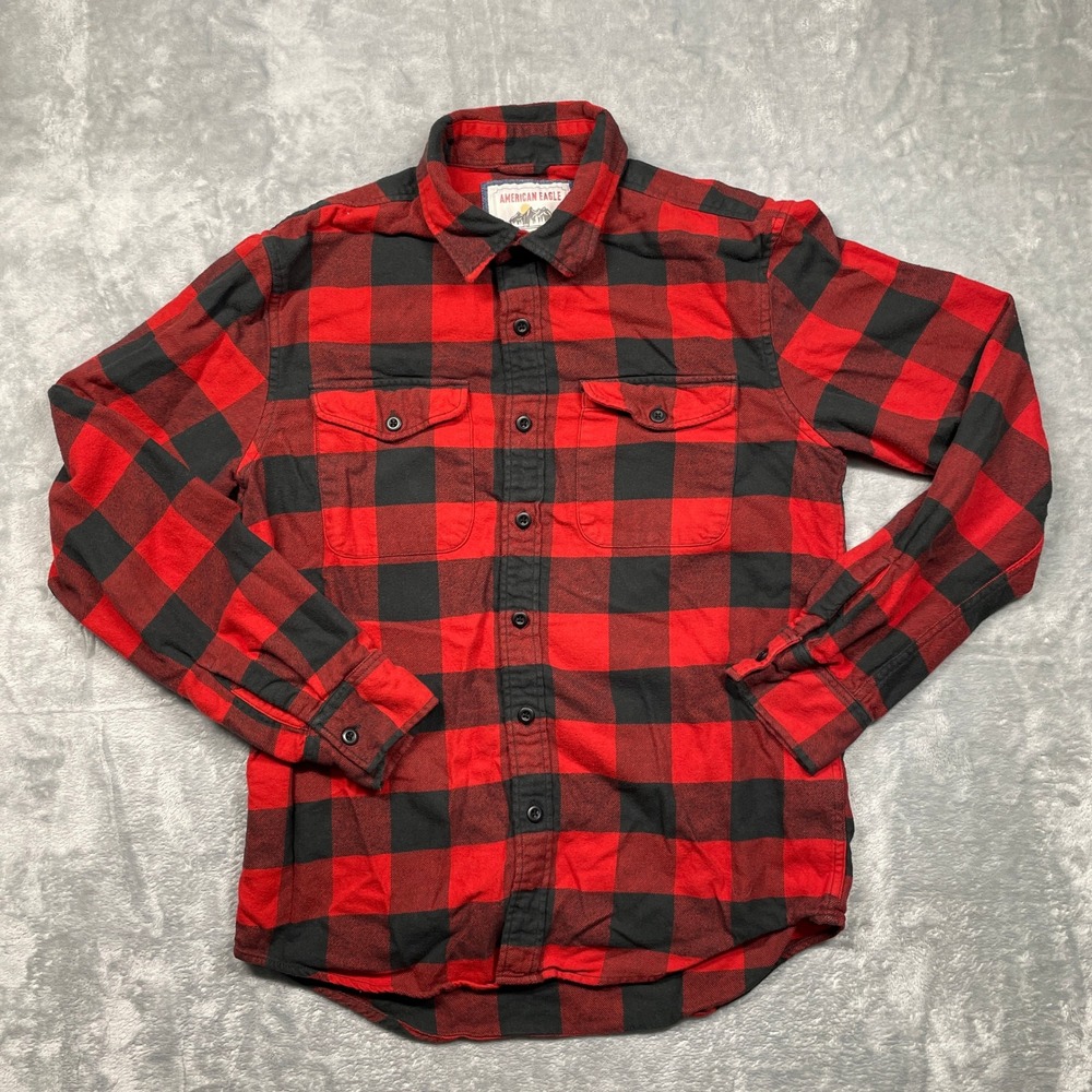 American Eagle Flannel Shirt Mens Small Red Black Buffalo Plaid Cotton Button Up